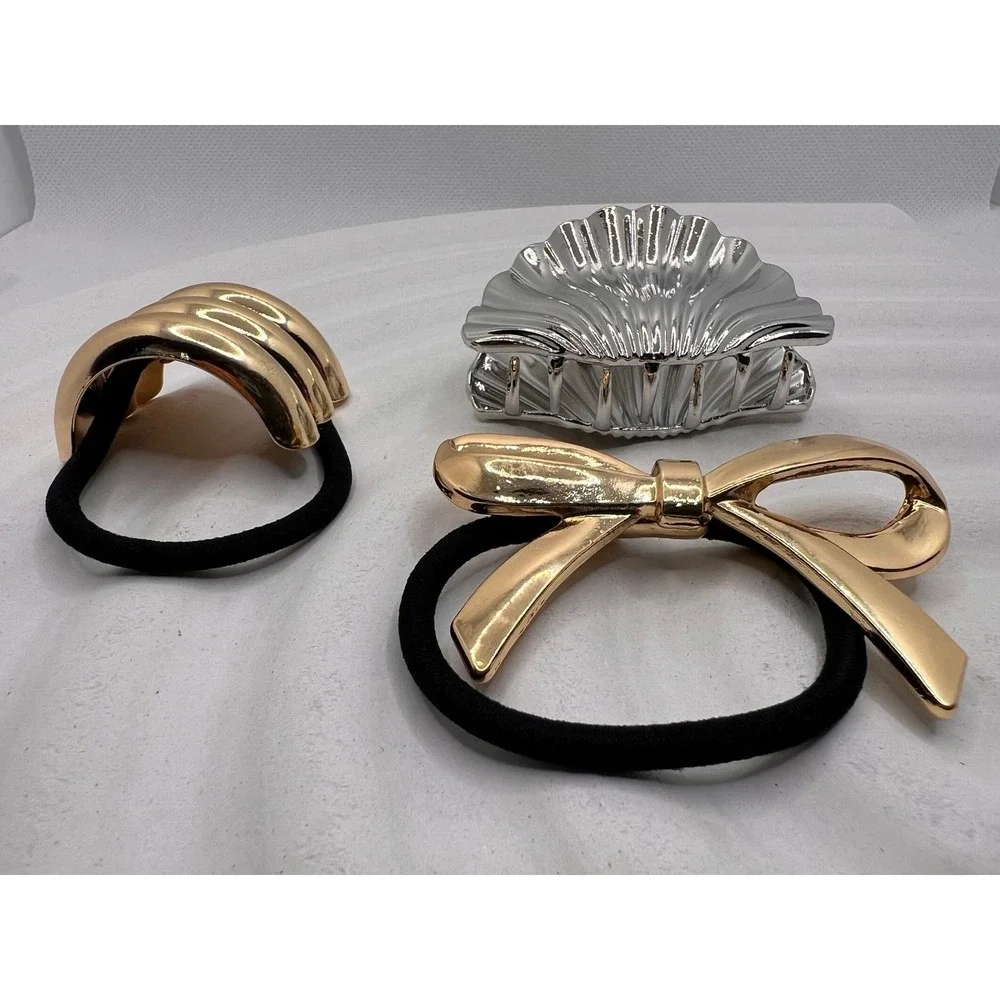 Gold Bow & Wave Hair‎ Ties+Silver Shell Hair Clip Bundle Women's Accessories NWT